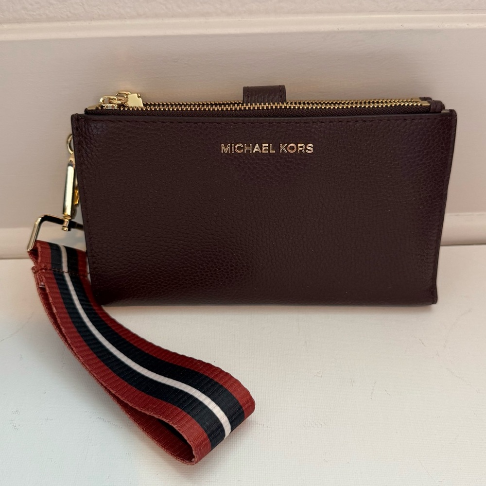 Michael Kors maroon Wristlet with Striped Strap